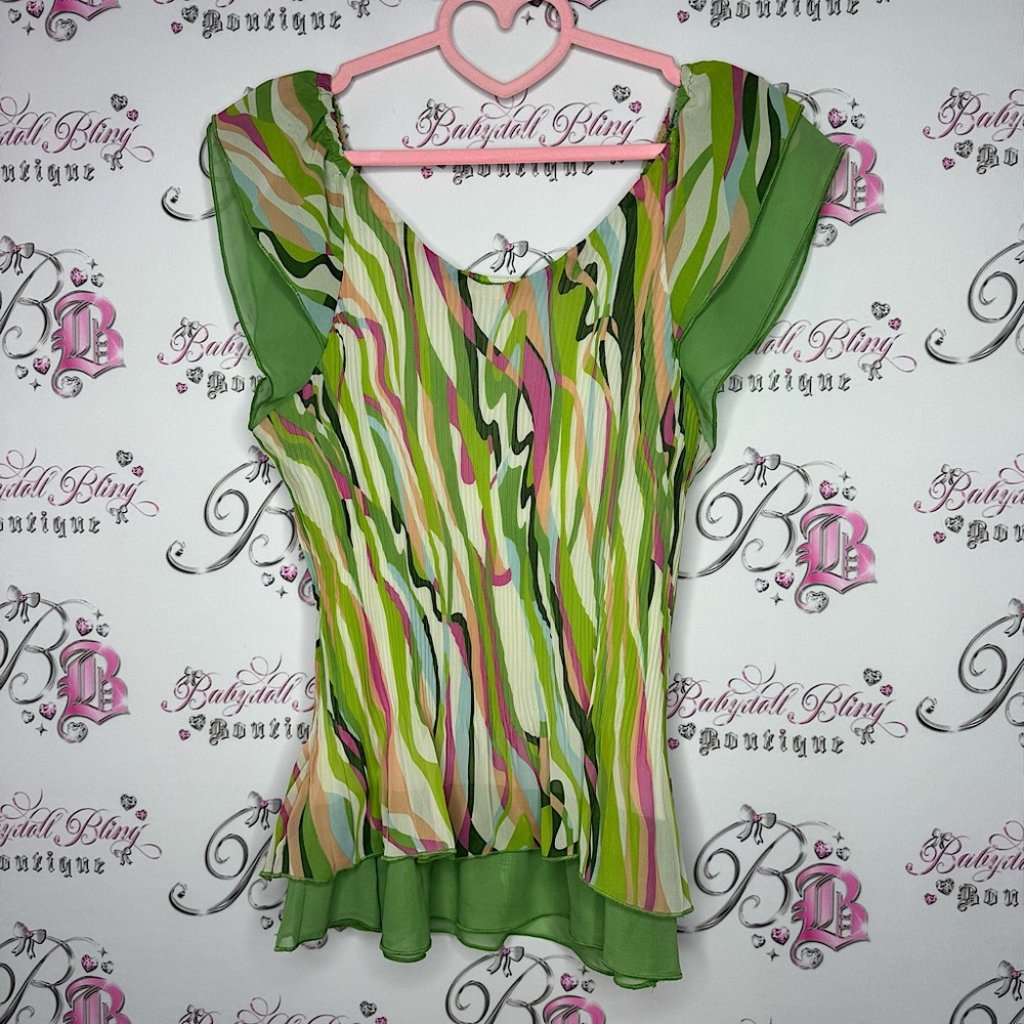 Sash Top Pleated Swirl Candy Print Ruffle Frilly Luxury Formal Dressy Blouse